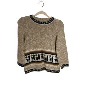 Alpaca Women's Wool Knitted Oatmeal Llama Print Fair Isle Sweater Sz Small